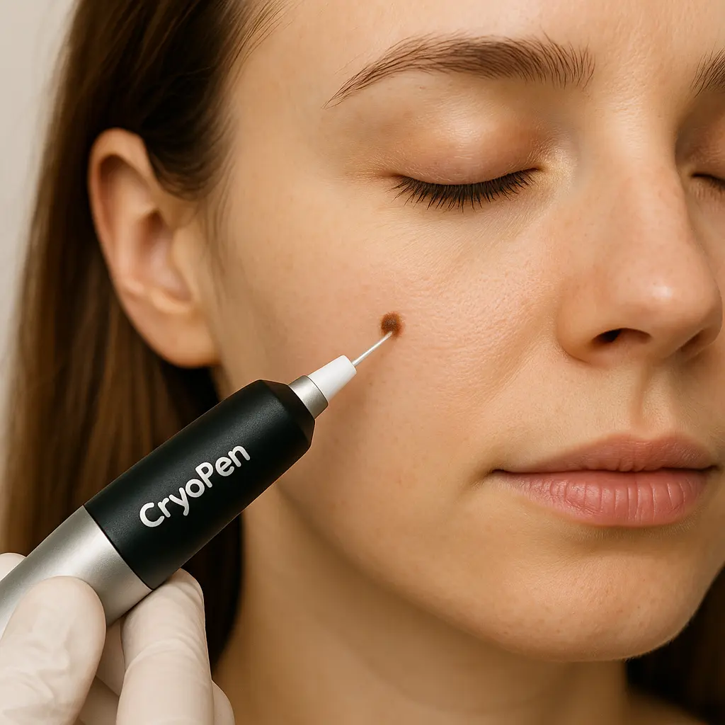 woman receiving facial mole removal Greater London (Hillingdon) using cryopen
