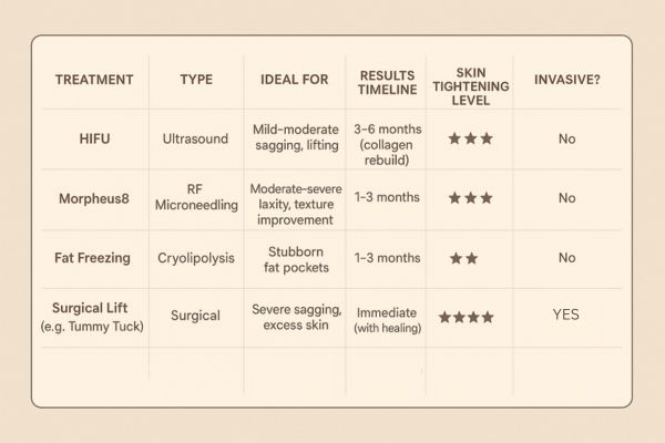 Table showing the comparisons of Skin tightening Greater London (Hillingdon) treatment options.